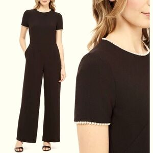 Gal Meets Glam Nadia Black Jumpsuit Faux Pearl Trim Size 8